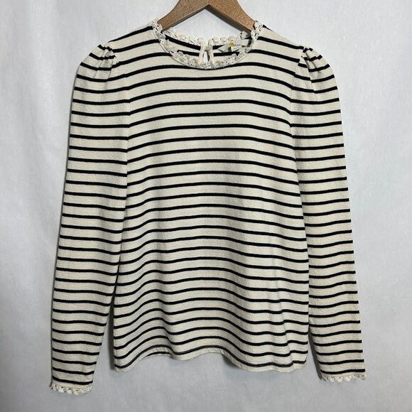 BODEN Crochet Trim Collar Long Sleeve Top US 6 Cream Navy Blue Striped Cotton - Picture 2 of 10